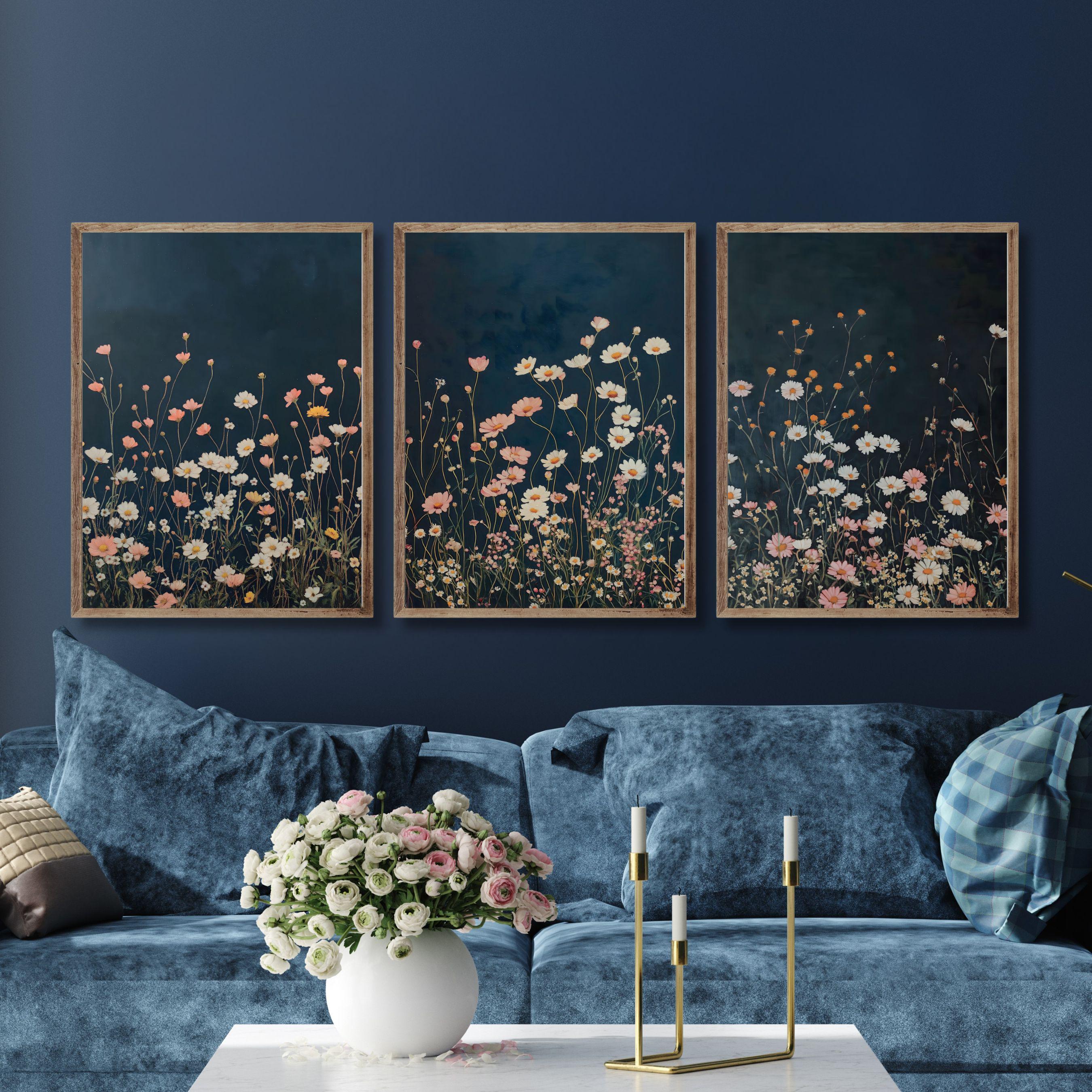 Dark Wildflowers Print Set of 3, Botanical Landscape Painting