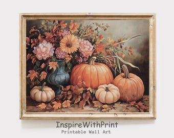 ヴィンテージのカボチャの絵画、カボチャと秋の植物のプリント、素朴な秋の農家のアートプリント可能な秋のコテージコアプリントカボチャの静物画