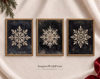 Vintage Snowflake Wall Art Set of 3, Dark Christmas Printable Decor, Moody Winter Gallery Wall, Gold Holiday Prints