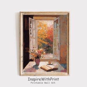 Cozy Autumn Print With Coffee and Book Print, Fall Open Window Painting Autumn Cottagecore Art, Farmhouse Cozy Fall Art, Fall Bookish Print