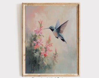 Vintage Kolibri Druck, stimmungsvoller Vogel Druck, Geschenk für Vogelliebhaber, Vintage Vogel Wand Kunst Druckbare Ästhetische Natur Druck, Pastell Farbe Kunst Dekor