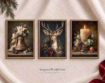 Vintage Christmas Wall Art Set of 3, Rustic Deer Bell & Candle Prints, Traditional Holiday Gallery Decor