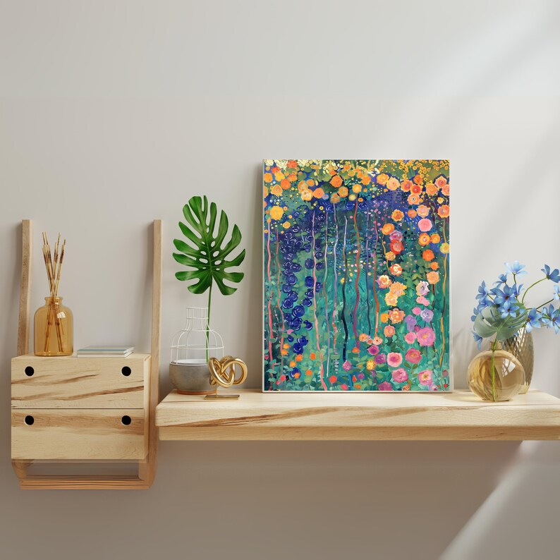 May include: A colorful abstract painting of a garden with blue, green, yellow, and pink flowers. The painting is framed and hanging on a wall above a wooden shelf.
