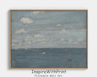 Vintage Coastal Sea Painting, Blue Coastal Landscape Print, Antique Beach Print, Muted Seascape Beach House Decor, Summer Printable Wall Art