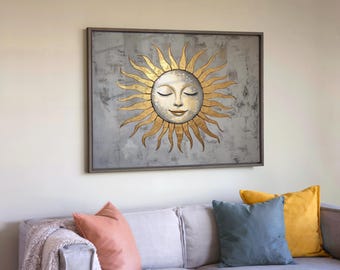 Boho Sun Print, Mid Century Modern Wall Art Printable Abstract Sun Painting, Sunshine Print, Neutral Gold Color Print, Boho Nursery Print