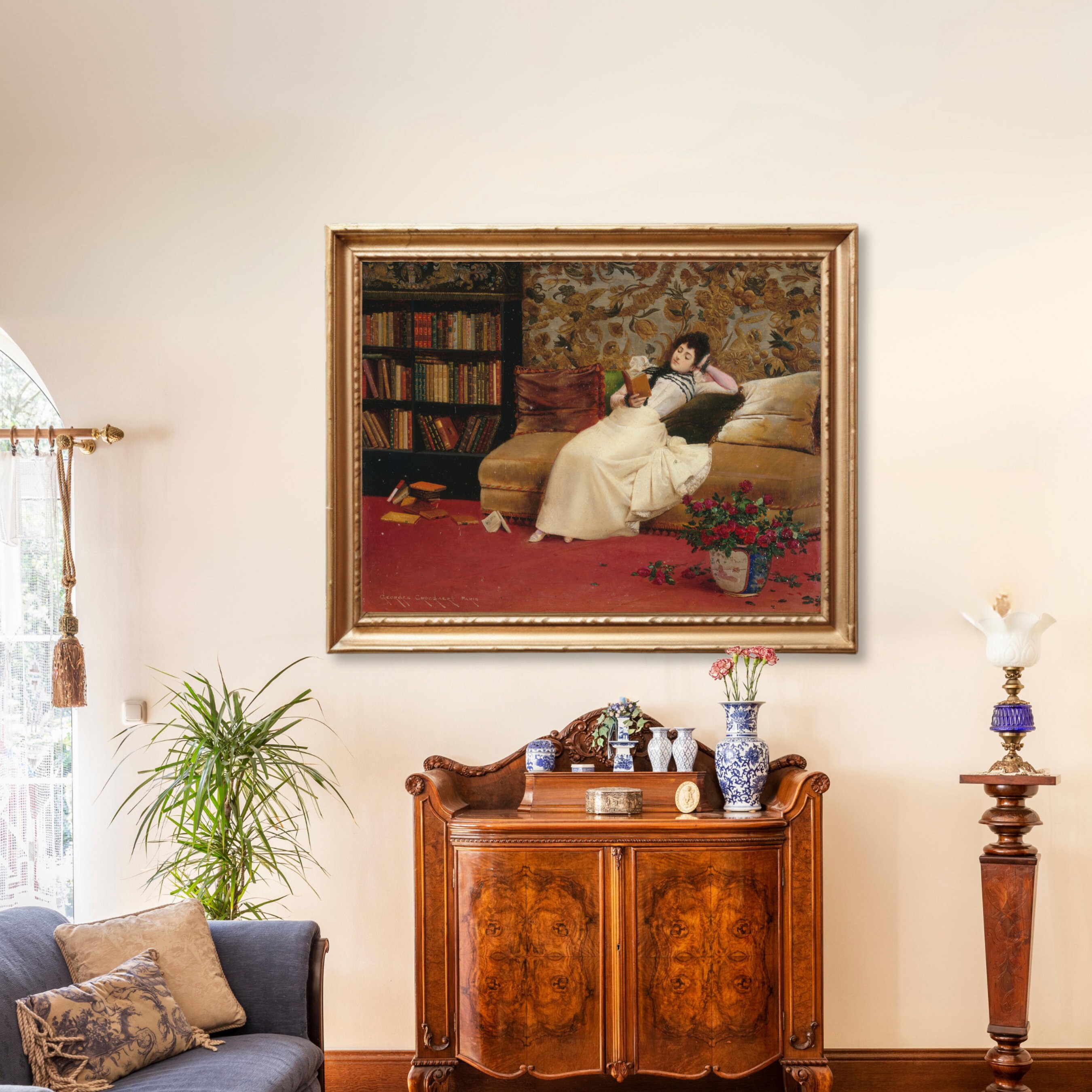 Vintage Woman Reading on the Sofa Painting, Moody Reading Book Art ...