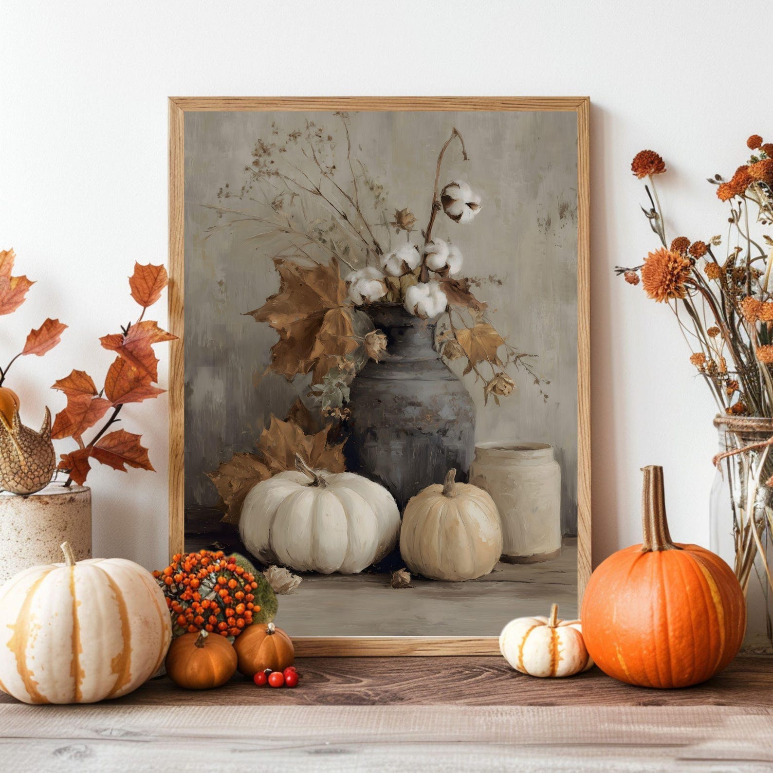 Vintage Fall Pumpkin Still Life Painting, Rustic Fall Farmhouse ...