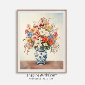 Colorful Flowers Bouquet in Blue and White Chinoiserie Vase Print, Patel Floral Wall Art Printable Chinoiserie Painting, Flower Vase Print
