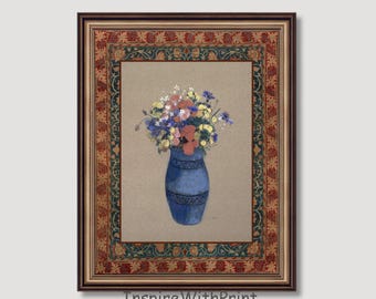 淡い緑の花瓶油絵ヴィンテージ花静物画緑の背景の花束壁アートデジタル