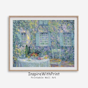 English Garden Table Print, Garden Dining Wall Art, Food and Wine Print, Cottage Core Art Printable, French Country Garden Landscape Print