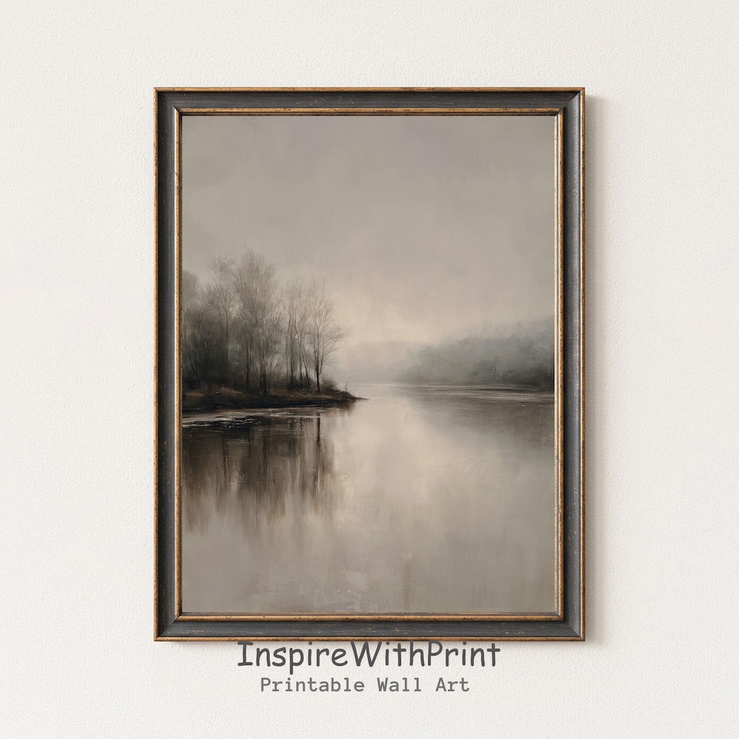 Neutral Misty Lake Wall Art, Foggy River Landscape Print, Minimalist ...