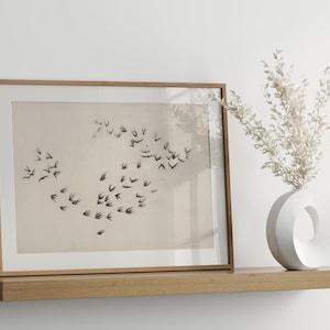 鳥の群れのウォールアート、鳥の群れのプリント、鳥のスケッチ画、飛ぶ鳥のポスター、鳥のシルエットアート、ミニマリストなニュートラルな自然プリント 画像 8