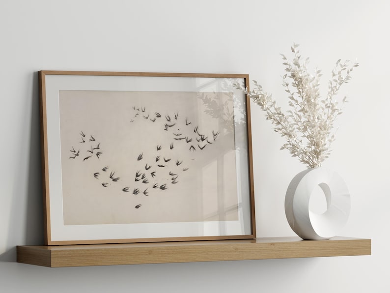 鳥の群れのウォールアート、鳥の群れのプリント、鳥のスケッチ画、飛ぶ鳥のポスター、鳥のシルエットアート、ミニマリストなニュートラルな自然プリント 画像 8