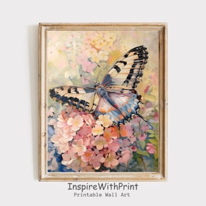 Butterfly with Flowers Painting, Aesthetic Pastel Art, Digital Download Butterfly Artful Print, Pastel Flowers Wall Art, Summer Wall Decor
