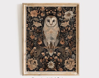 impression botanique et oiseau d'automne vintage, art automne William Morris, impression automne maussade, art cottagecore sombre automne, art mural oiseau William Morris