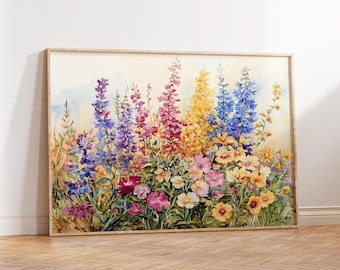 English Flower Garden Painting, Cottage Spring Flower Landscape Art Printable  Colorful Watercolor Floral Art, Summer Farmhouse Wall Decor