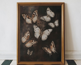 Boho Butterfly Wall Art Printable Antique Butterflies Print, Butterfly Painting, Moody Neutral Wall Art, Dark Cottage Core Art , Boho Print