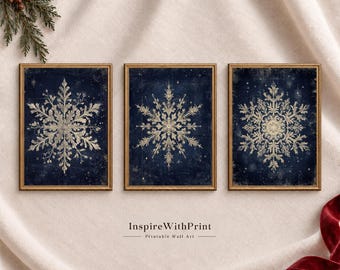 Vintage Snowflake Wall Art Set of 3, Christmas Printable Decor, Navy and Gold Winter Gallery Wall