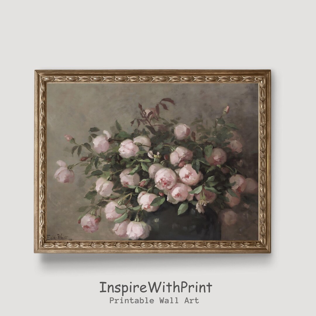 Vintage Rose Still Life Oil Painting, Pink Roses Wall Art, Flower Art ...