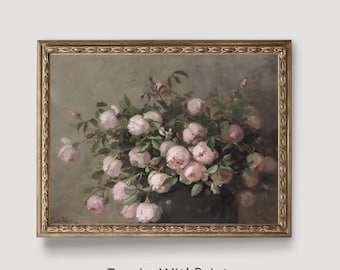 Vintage Rose Still Life Oil Painting, Pink Roses Wall Art, Flower Art Printable Neutral Art Print, Moody Floral Print, Antique Wall Decor