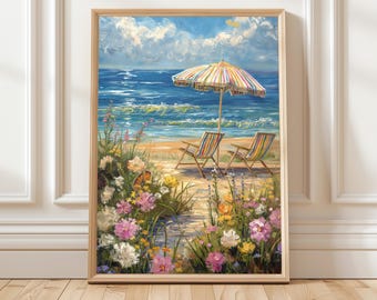 海岸のビーチの絵画プリント、バスルーム用の虹色の傘の壁アート、海のコテージの装飾、カラフルな夏の海の風景のアートワークギフト