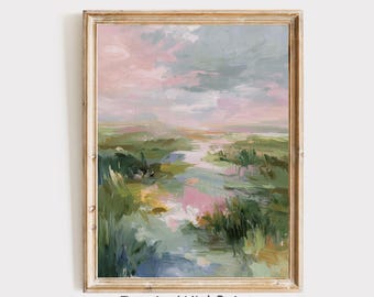 Pastel Marsh Landscape Wall Art Printable, Soft Spring Meadow Painting, Modern Impressionist Digital Download, Moody Abstract Print