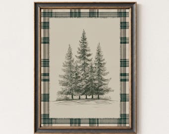 Vintage Evergreen Pine Tree Christmas Wall Art, Green Plaid Holiday Printable, Rustic Winter Forest Artwork, Neutral Christmas Home Decor