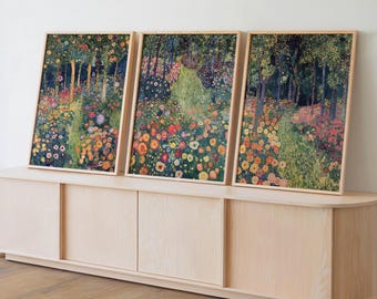 Vintage kleurrijke bloementuin landschap wordt afgedrukt set van 3, Gustav Klimt Art afdrukbare Franse botanische tuin olieverfschilderij Cottage Core Print