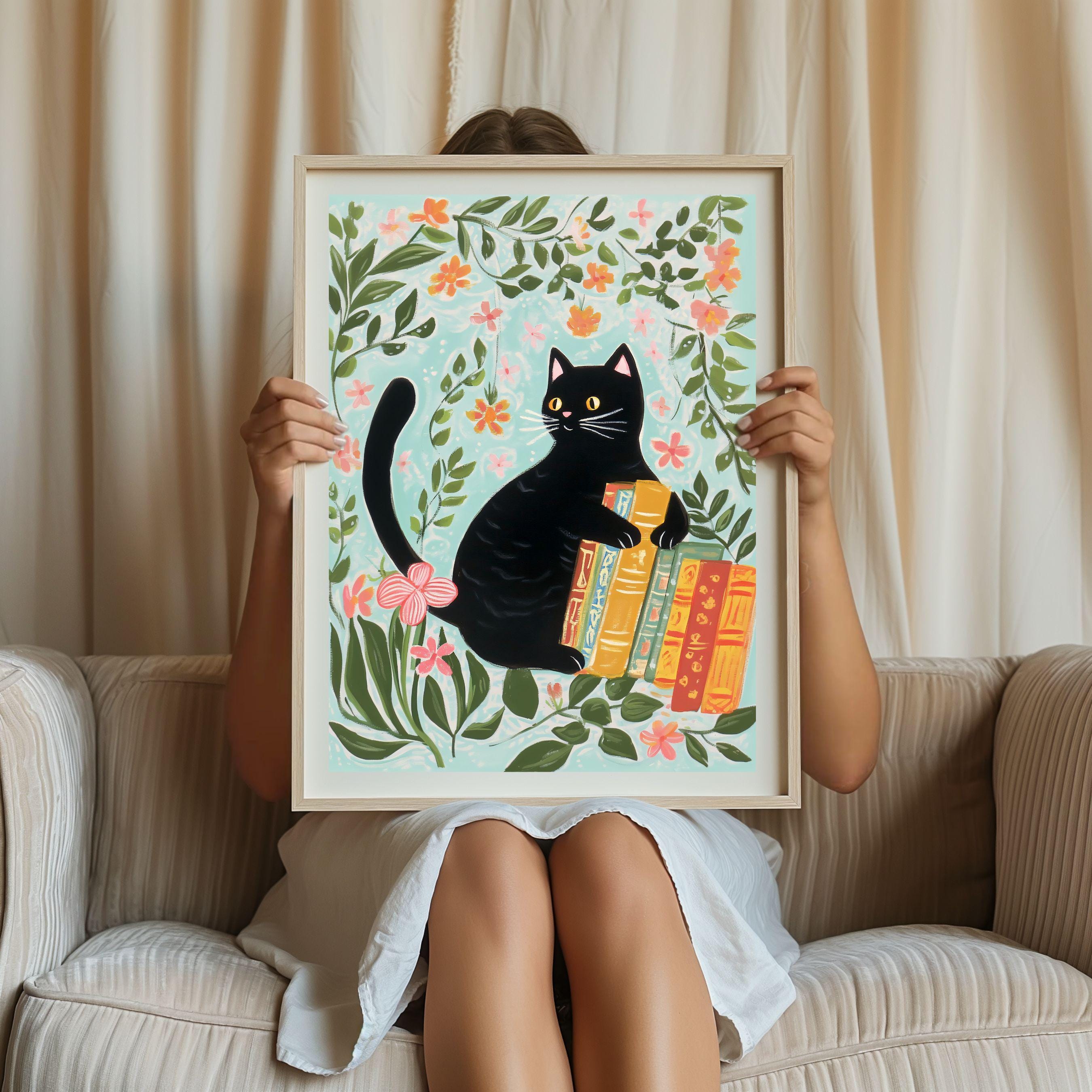 Black Cat With Book Stack Print, Gift for Cat Mama, Flower and