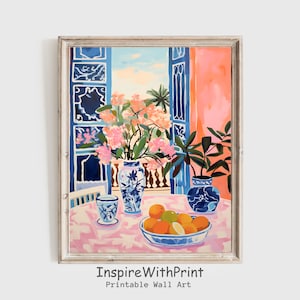 Abstract Fruit Still Life Painting, Digital Download Matisse Inspired Art, Flowers with Oranges Print, Modern Kitchen Wall Art Decor