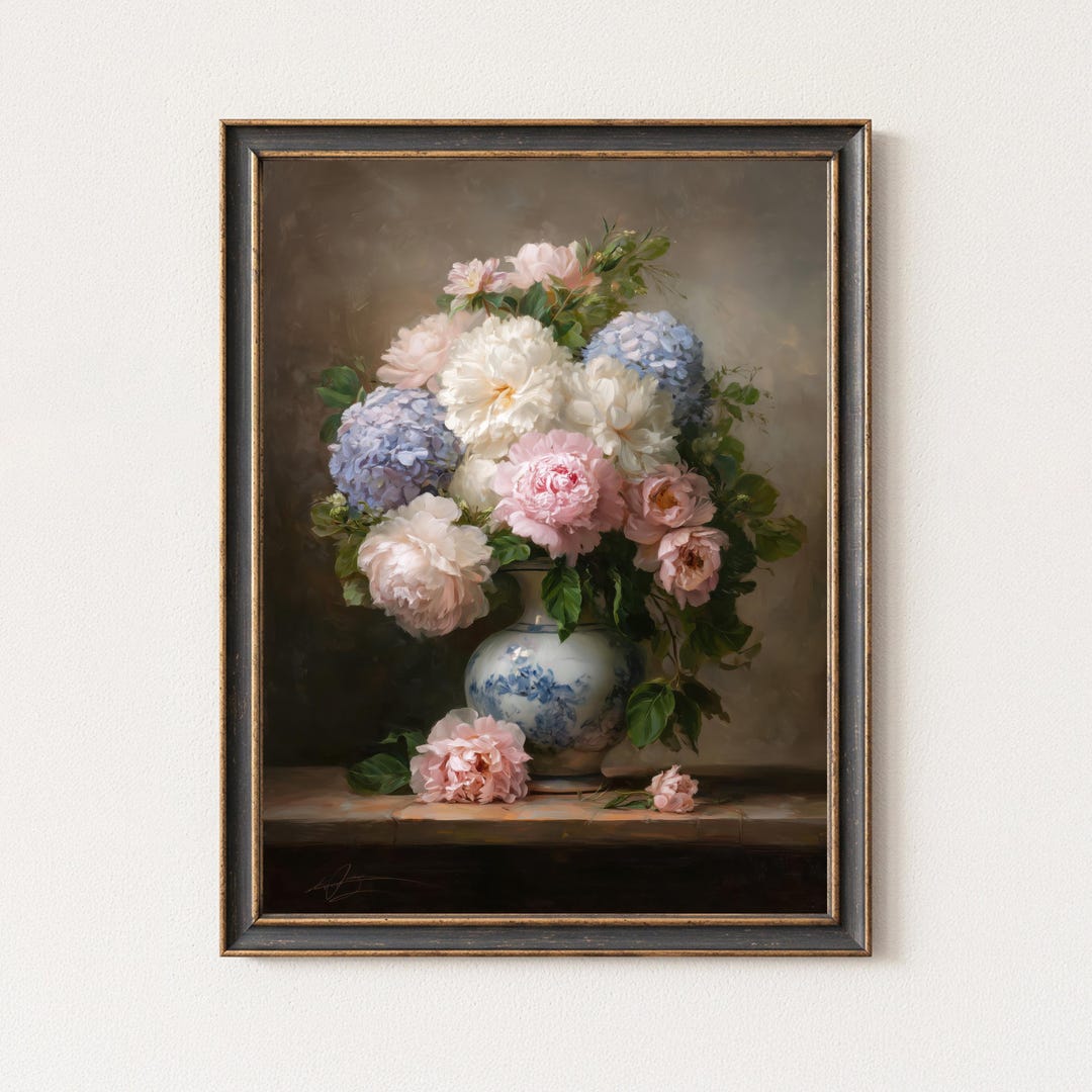 Romantic Peony Bouquet Painting, Vintage Floral Vase Wall Art Print ...