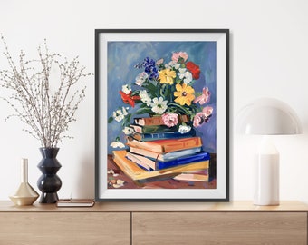 Bouquet on Stack of Books Print, Digital Download Books with Flowers Wall Art, Artful Books Stack Painting, Home Office Library Decor