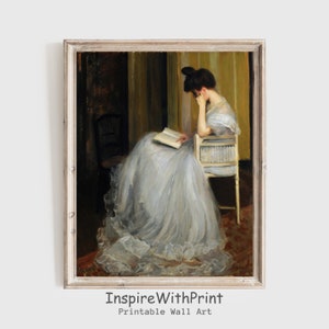 Woman Reading Portrait Painting, Digital Download Antique Portrait Print, Moody Reading Portrait Wall Art, Vintage Woman Reading Art