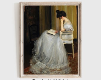 Woman Reading Portrait Painting, Digital Download Antique Portrait Print, Moody Reading Portrait Wall Art, Vintage Woman Reading Art