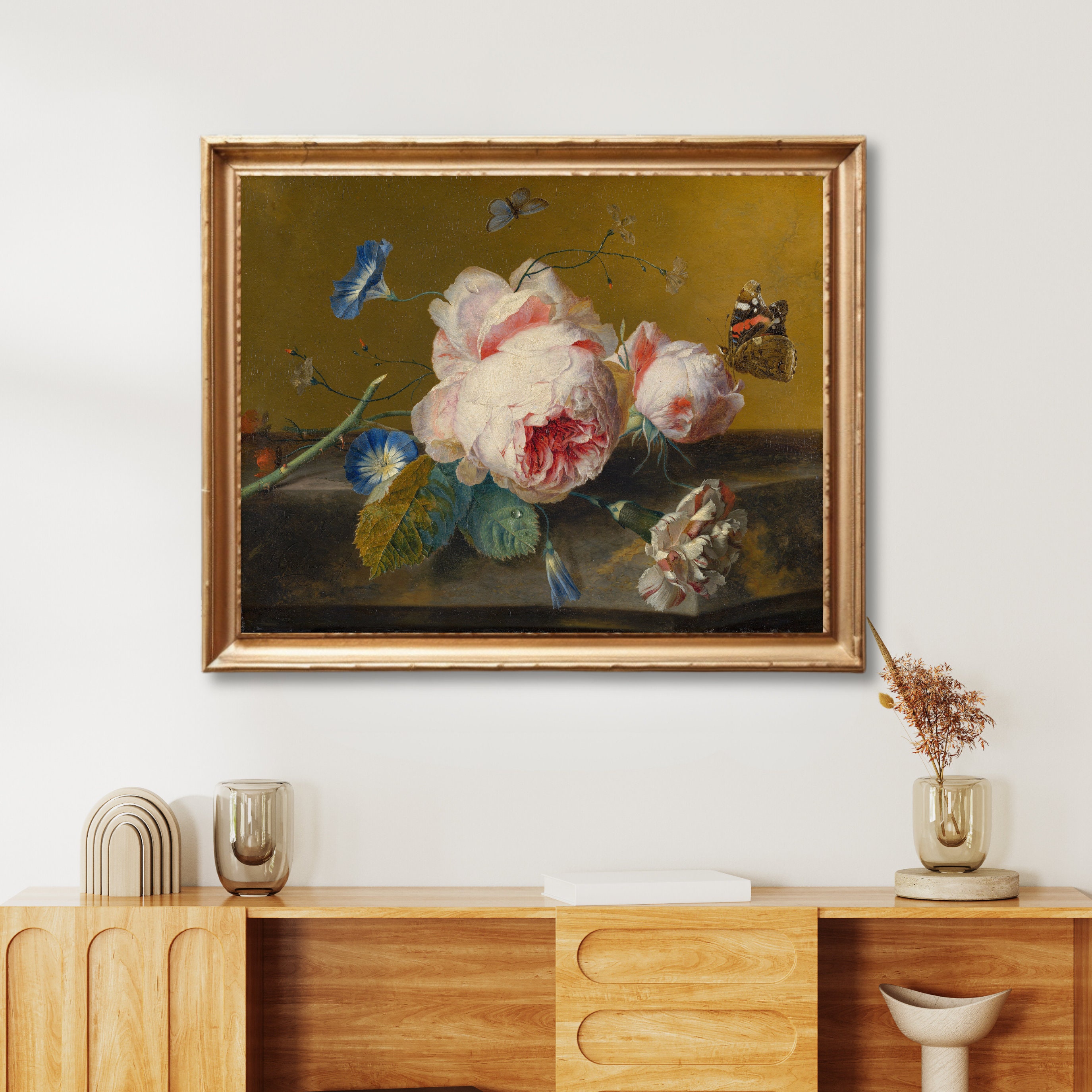 Vintage Flowers With Butterfly Painting, Digital Download Moody Pink