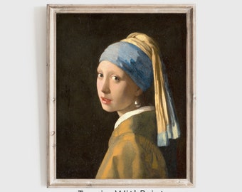 真珠の耳飾りの少女の絵画、ヨハネス・フェルメールのデジタルダウンロードアート、オランダのバロック肖像画、ヴィンテージ女性の肖像画プリント