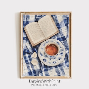 Coffee Cup and Book Wall Art Printable, Bookish Painting, Cozy Reading Art, Book Lover Print, Library Wall Decor, Vintage Coffee Cup Print
