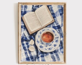 Arte murale stampabile con tazza da caffè e libro, dipinto libresco, arte accogliente per la lettura, stampa per amanti dei libri, decorazione murale per biblioteca, stampa vintage con tazza da caffè