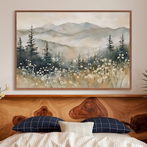 山の野生の花の風景アートプリント、印刷可能な山の風景の壁アート