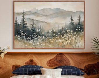 Mountain Wildflower Landscape Art Printable Spring Summer Wall Decor, White Flower Meadow Field Painting Mountain Landscape Art, Boho Print
