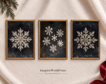 Vintage Christmas Snowflake Wall Art Set of 3, Moody Winter Gallery Prints, Dark Painterly Holiday Decor