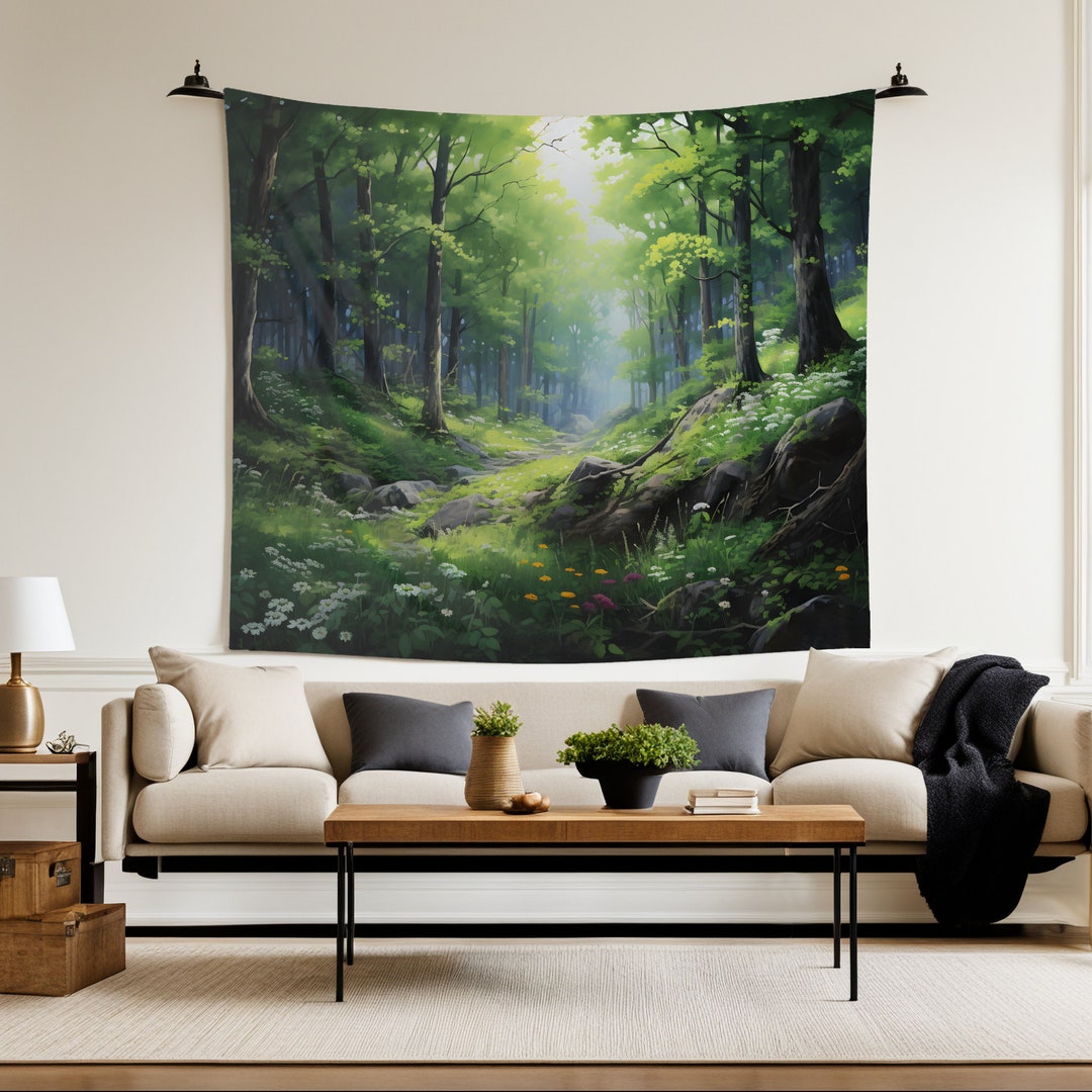 Calming Forest Tapestry Green Forest Wall Art Nature Etsy