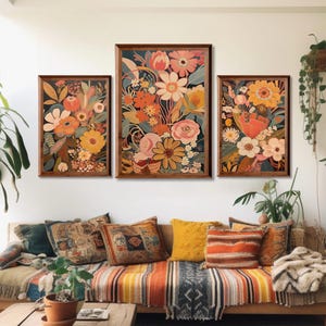 Midcentury Modern Boho Flowers Bouquet Wall Art Set of 3, Digital download Artful Floral Botanical Print, Midcentury Modern Livingroom Decor