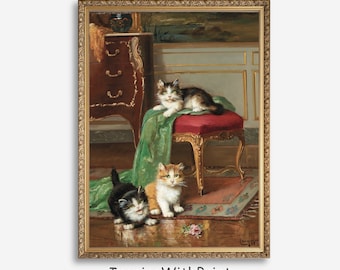 ヴィンテージチェアの上の遊び心のある子猫のアート | 素朴な猫の