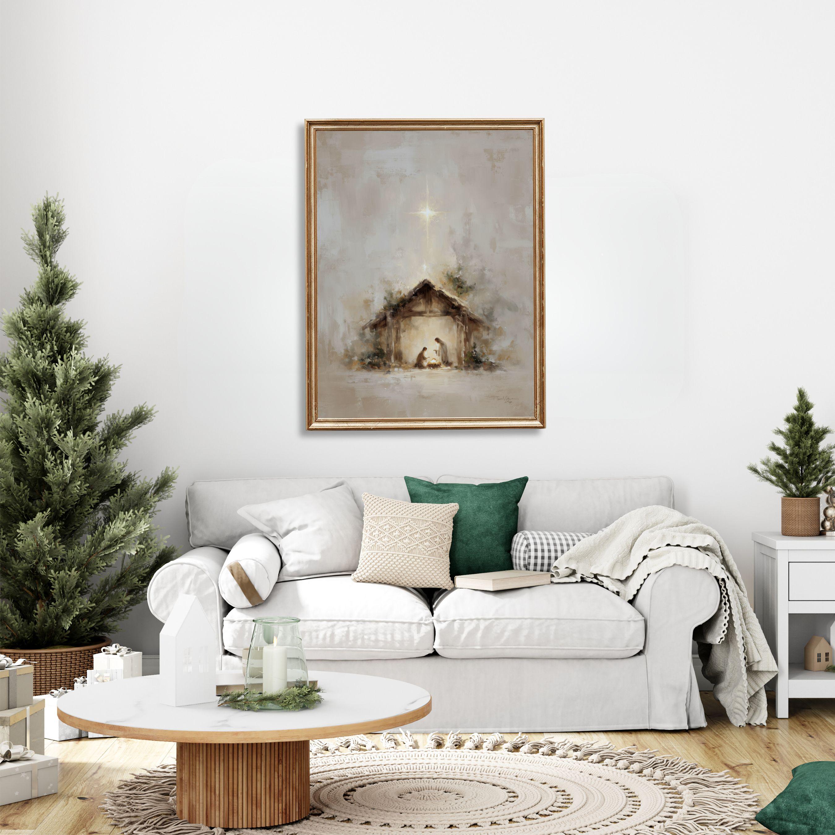 Holy Family Nativity Scene Wall Art, Glowing Manger Painting, Neutral ...