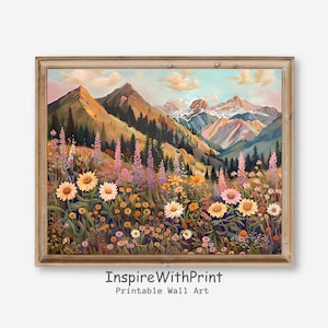 Mountain Wildflower Landscape Art Print, Printable Mountain Landscape Wall Art, Colorful Flower Field Art, Mountain Ranges Painting