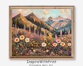 Mountain Wildflower Landscape Art Print, Printable Mountain Landscape Wall Art, Colorful Flower Field Art, Mountain Ranges Painting