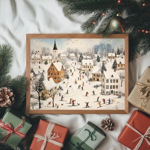 Vintage Christmas Kids Playing Skiing Art, Christmas Village Print, Snowy Winter Printable Holiday Wall Art, Moody Winter Small Town Print