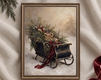 Vintage Christmas Sleigh Printable Wall Art, Snowy Gift Scene, Elegant Holiday Decor, Winter Mantel Art
