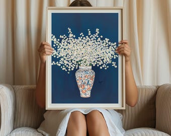 Kamille Blumenstrauß in Chinoiserie Vase Print, Kamille Wand Kunst druckbare weiße Blumen Stillleben Print, blaue Chinoiserie Malerei